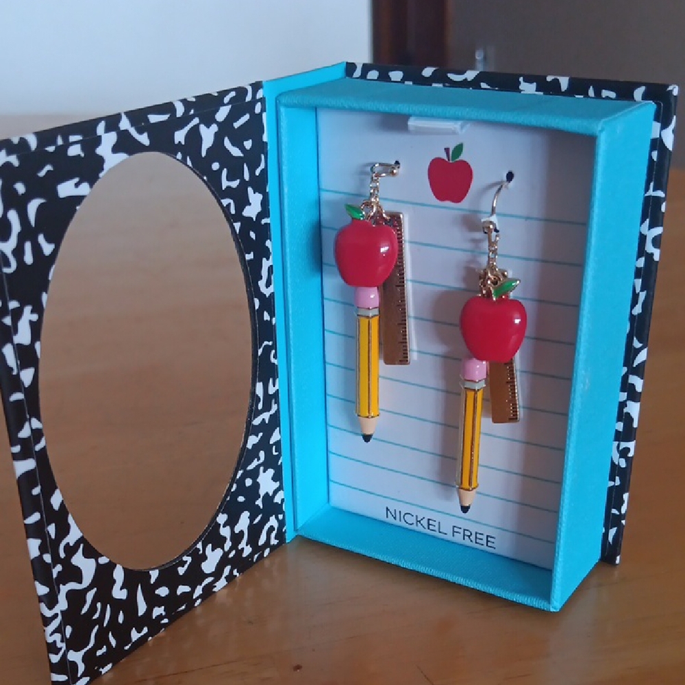 Apple and Pencil Earrings - Red and Yellow - Picture 2 of 3